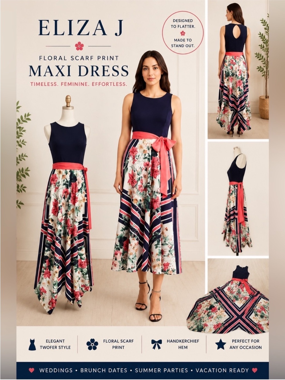 Eliza J Navy Floral Scarf Print Twofer Maxi Dress Belted Size 10 Resortwear